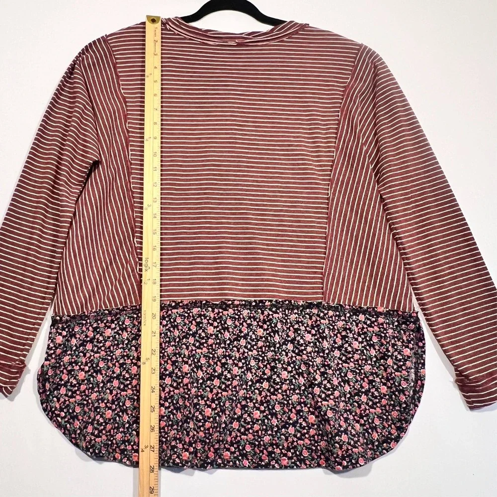 umgee‎ USA Blouse Popover Floral Striped Long Sleeve Casual Split Hem Women's S